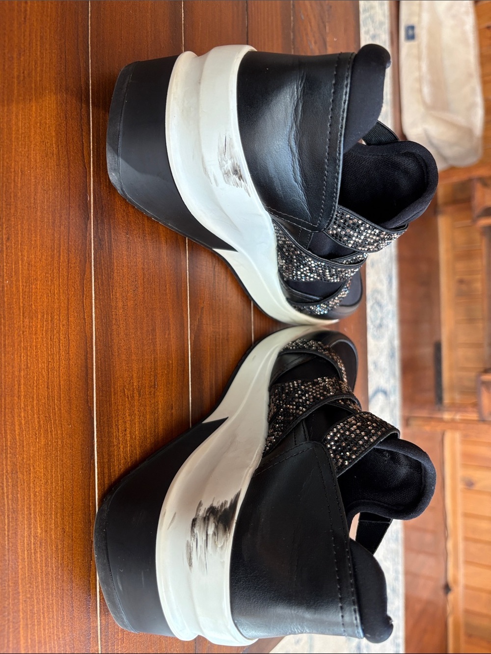 Black 3” Platform Slip-On Sneakers with Embellished Straps, Sz 6-6.5, bling - Picture 8 of 8